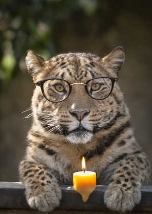 a leopard in glasses with melting candle